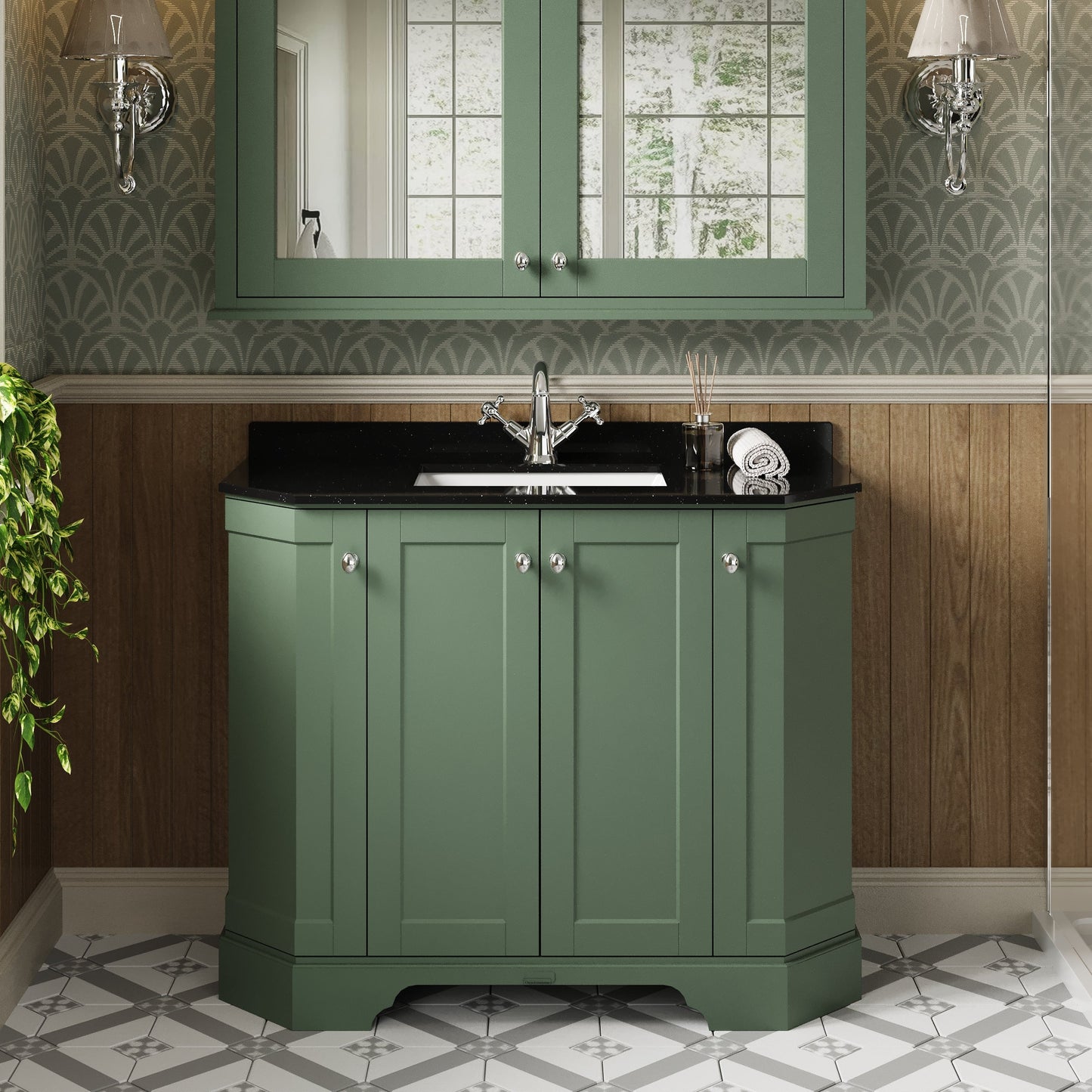 Floor Standing Angled 4 Door Vanity Unit with 1 Tap Hole Black Marble Top 1000mm
