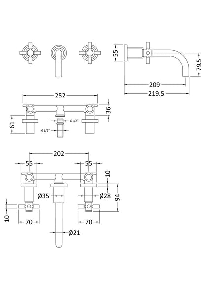 Tec Crosshead Wall Mounted Basin Mixer Brushed Brass