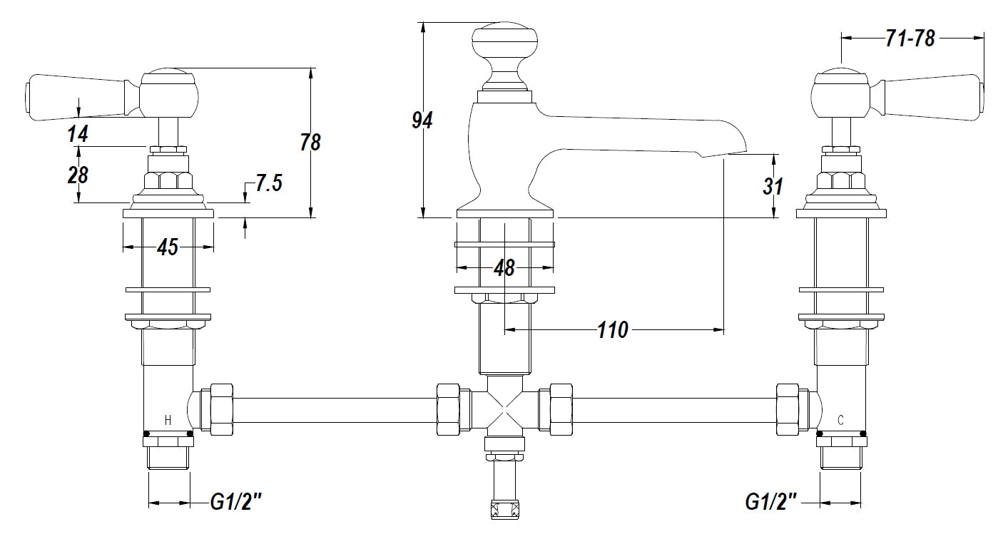 White Topaz With Lever Handle 3 Tap Hole Basin Mixer