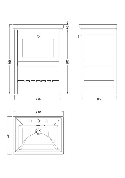 Hudson Reed Bexley 600mm Pure White 1 Drawer Floor Standing Vanity Unit With 3 Tap Hole Fireclay Basin