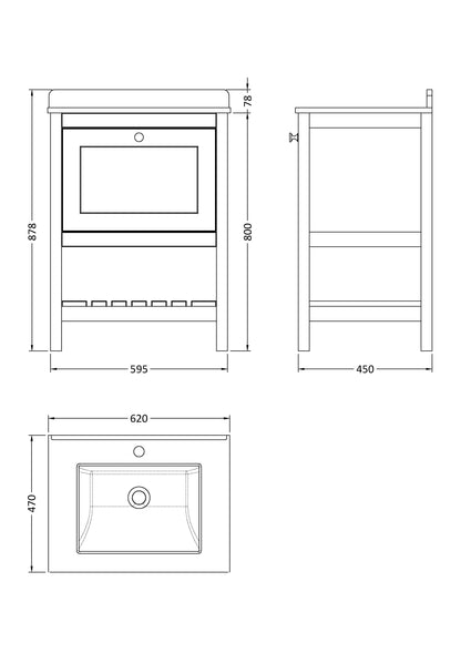 Hudson Reed Bexley 600mm Floor Standing 1 Drawer Vanity Unit with Single Bowl Marble Top, 1 Tap Hole