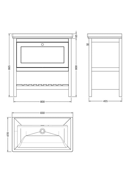 Hudson Reed Bexley 800mm Floor Standing 1 Drawer Vanity Unit with 0 Tap Hole Fireclay Basin