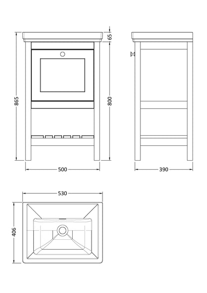Hudson Reed Bexley 500mm Cool Grey Traditional Floor Standing 1 Drawer Vanity Unit with Fireclay Basin