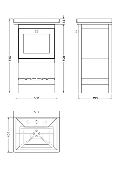 Hudson Reed Bexley 500mm Indigo Blue Floor Standing 1 Drawer Vanity Unit With 3 Tap Hole Fireclay Basin