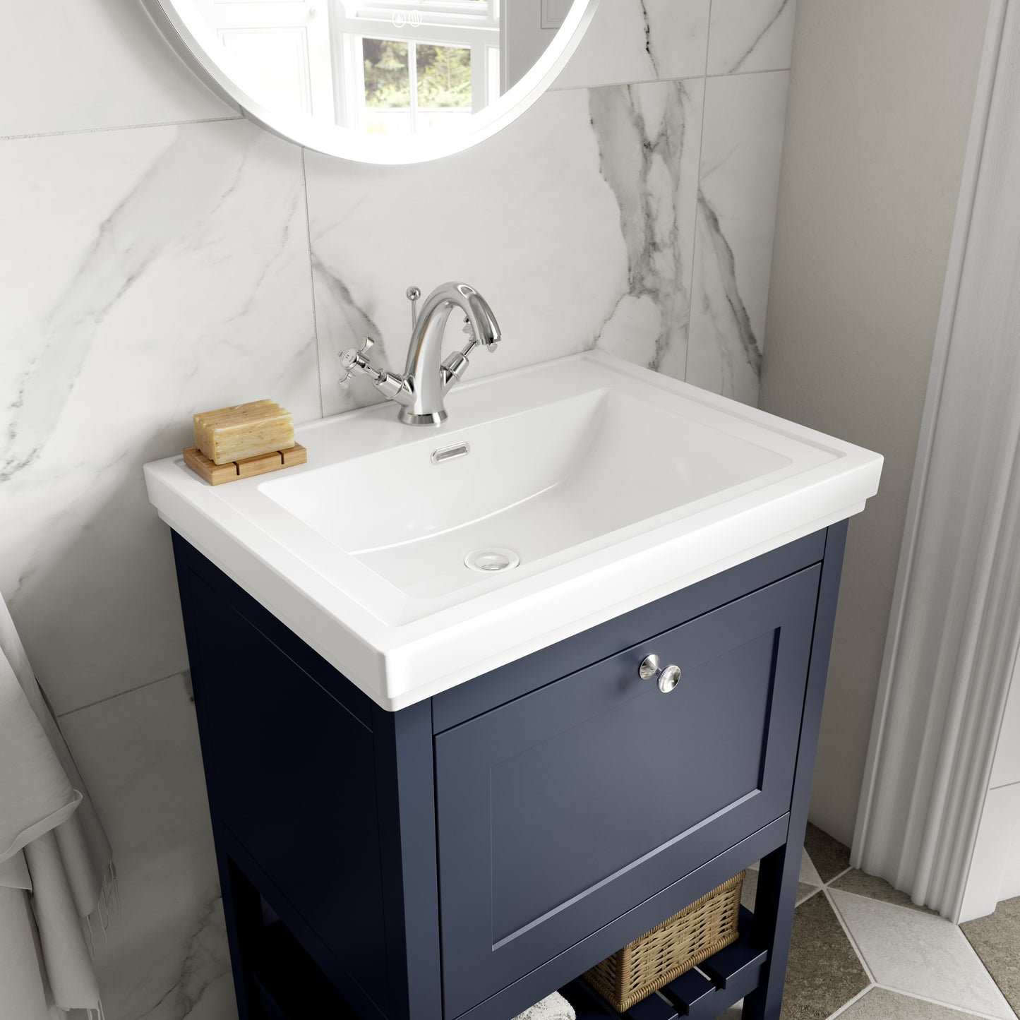 Hudson Reed Bexley 600mm Indigo Blue Floor Standing 1 Drawer Vanity Unit with 1 Tap Hole Fireclay Basin
