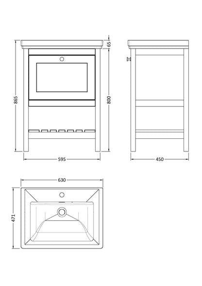 Hudson Reed Bexley 600mm Indigo Blue Floor Standing 1 Drawer Vanity Unit with 1 Tap Hole Fireclay Basin