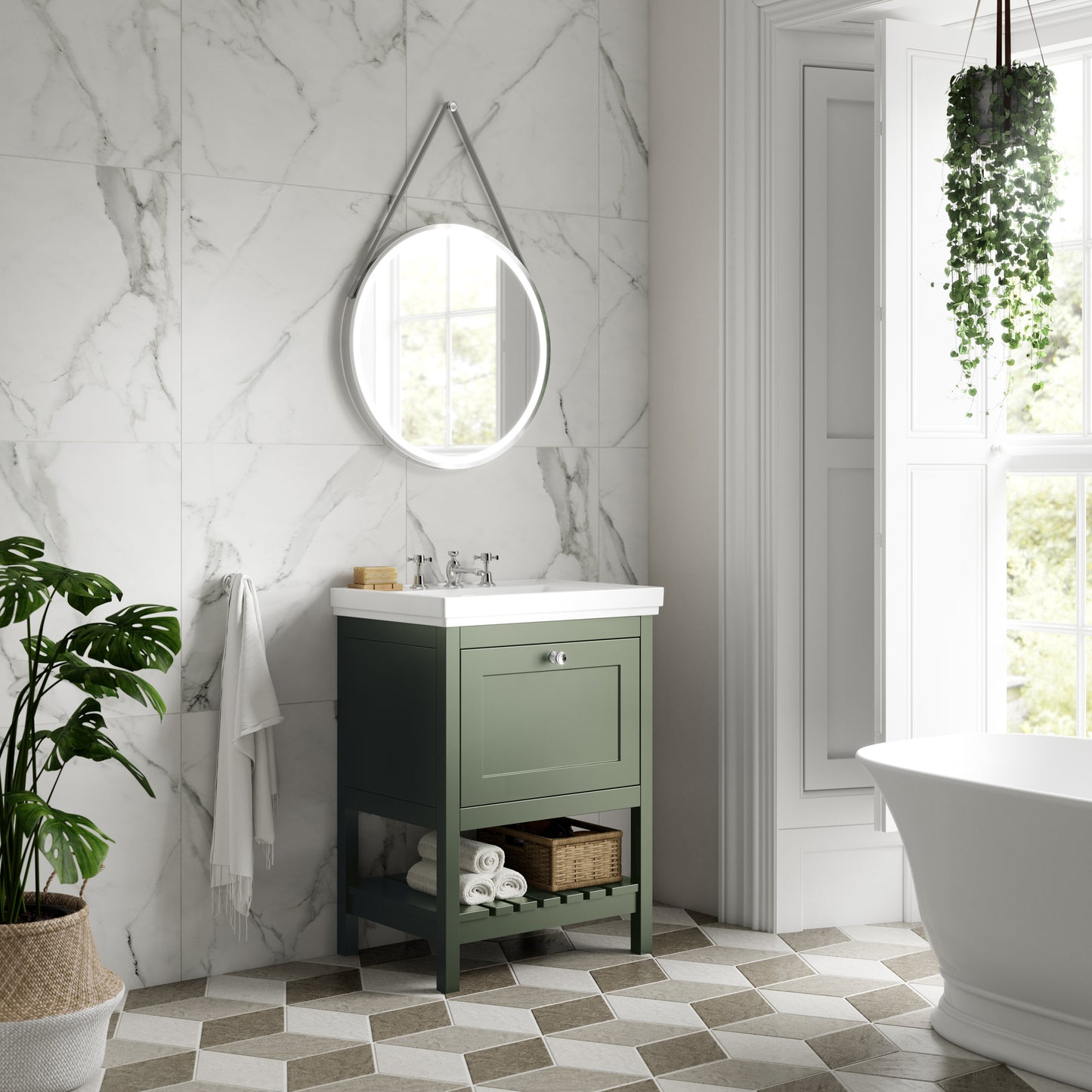 Hudson Reed Bexley 800mm Fern Green Floor Standing Vanity Unit With 3 Tap Hole Basin, Soft Close Drawers