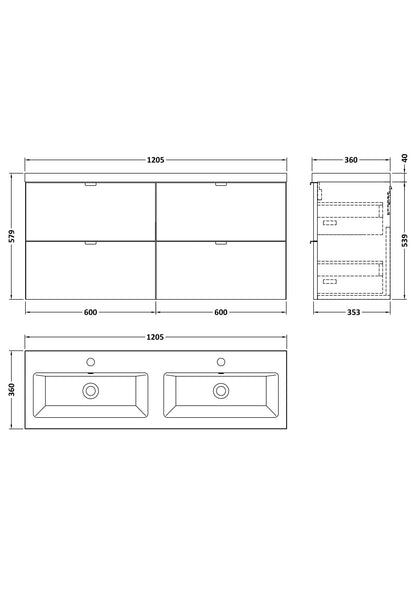 Hudson Reed Fusion 1200mm Wall Hung Gloss White 4 Drawer Vanity Unit with Double Ceramic Basin