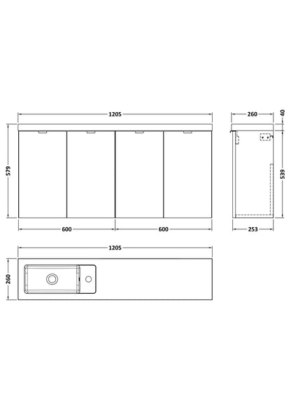 Hudson Reed Fusion 1200mm Bleached Oak Wall Hung 4-Door Vanity & Basin Soft Close Doors & Handles