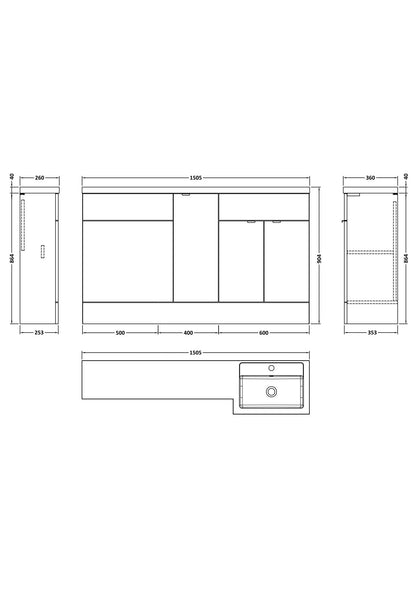 Hudson Reed Fusion 1500mm Right Hand Pebble Grey Combination Unit With 2 Handles