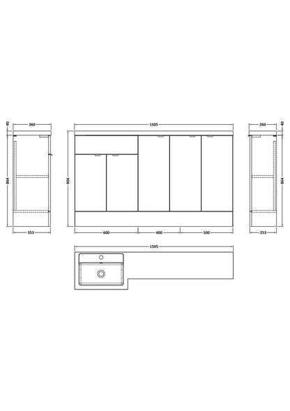Hudson Reed Fusion 1500mm Right Hand Pebble Grey Combination Unit With Basin