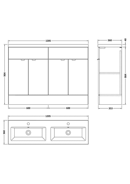 Hudson Reed Fusion 1200mm Pebble Grey 4-Door Floor Standing Vanity with Double Basin Soft Close