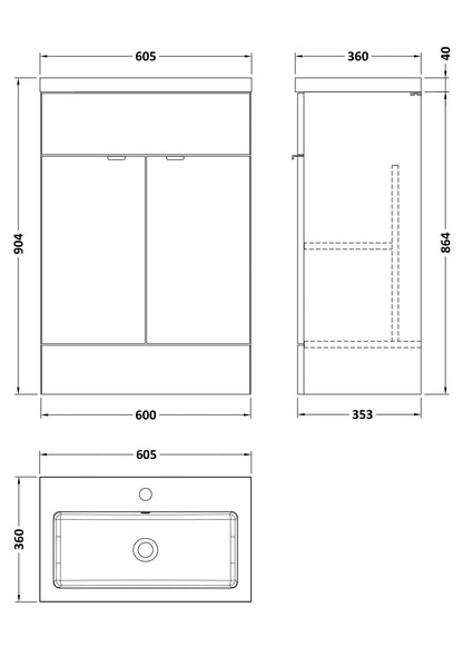Hudson Reed Fusion 600mm Anthracite Woodgrain Floor Standing 2 Door Vanity Unit with Basin and Handles