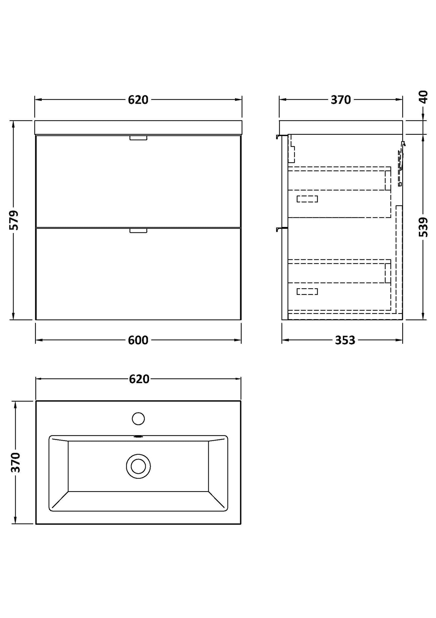Hudson Reed Fusion 600mm Wall Hung 2 Drawer Vanity Unit & Ceramic Basin