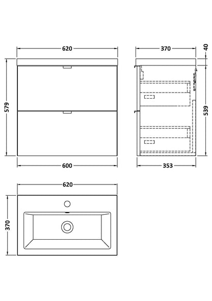Hudson Reed Fusion 600mm Wall Hung 2 Drawer Vanity Unit & Ceramic Basin
