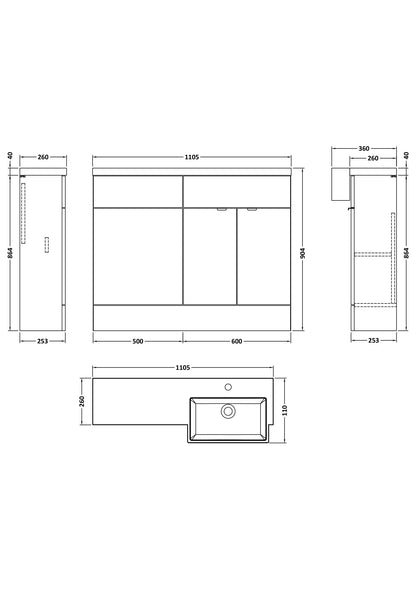 Hudson Reed Fusion 1105mm Floor Standing 2 Door Vanity Toilet & Right Hand Basin Combination