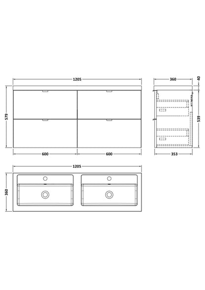 Hudson Reed Fusion 1200mm Wall Hung 4 Drawer Vanity Unit With Twin Polymarble Basin