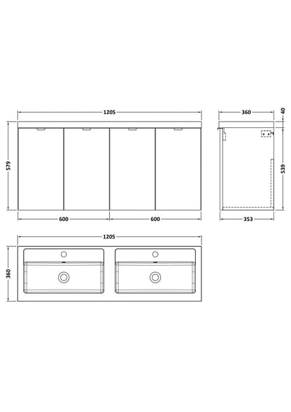 Hudson Reed Fusion 1200mm Charcoal Black Wall Hung Vanity Unit with Twin Basin