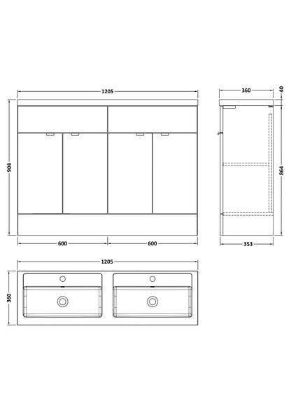 Hudson Reed Fusion 1200mm Charcoal Black Floor Standing 2 Door Vanity Unit With Double Basin