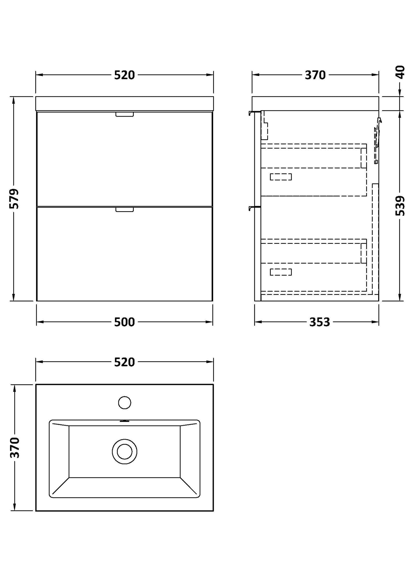 Hudson Reed Fusion 500mm Charcoal Black Wall Hung 2 Drawer Vanity Unit & Ceramic Basin