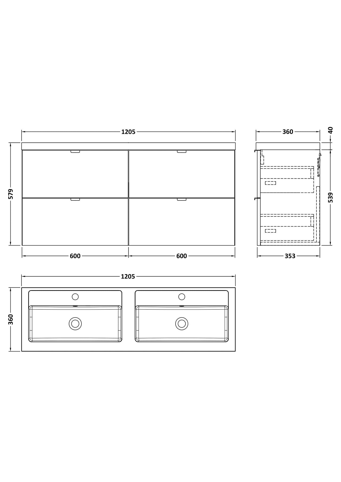 Hudson Reed Fusion 1200mm Gloss Grey Wall Hung 4 Drawer Vanity Unit with Double Polymarble Basin