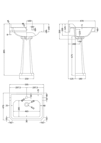 Hudson Reed Richmond Traditional 600mm 1 Tap Hole Basin & Pedestal