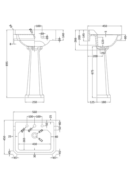 Hudson Reed Richmond 560mm 3 Tap Hole Basin & Pedestal