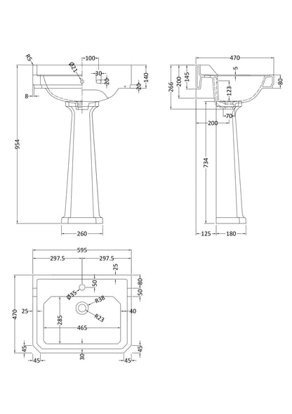 Hudson Reed Richmond 600mm 1 Tap Hole Comfort Height Pedestal Basin