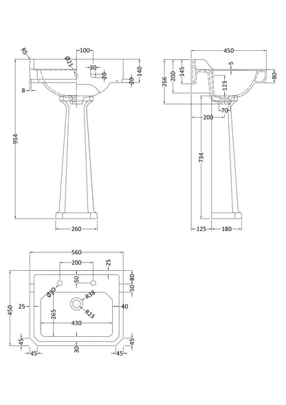 Richmond 560mm 2 Tap Hole Basin & Comfort Height Pedestal