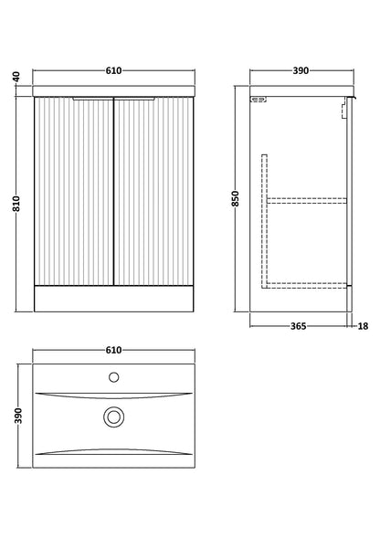 Hudson Reed Fluted 600mm Floor Standing 2-Door Vanity Unit With Basin