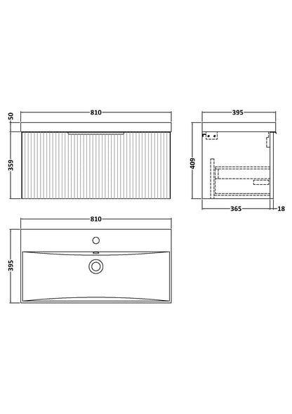 Hudson Reed Fluted 800mm Soft Black Wall Hung Single Drawer Vanity Unit With Ceramic Basin