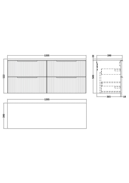 Hudson Reed Fluted 1200mm Wall Hung 4-Drawer Vanity Unit With Laminate Worktop