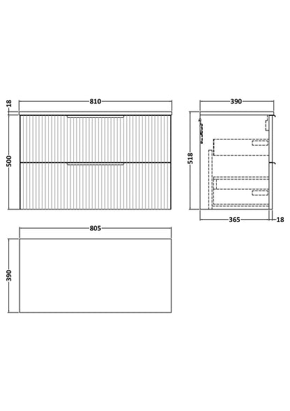 Hudson Reed Fluted 800mm Wall Hung 2-Drawer Vanity With Worktop