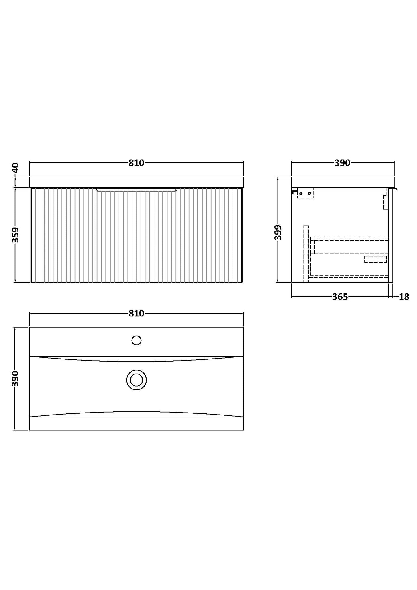 Hudson Reed Fluted 800mm Satin White Wall Hung Single Drawer Vanity Unit with Basin