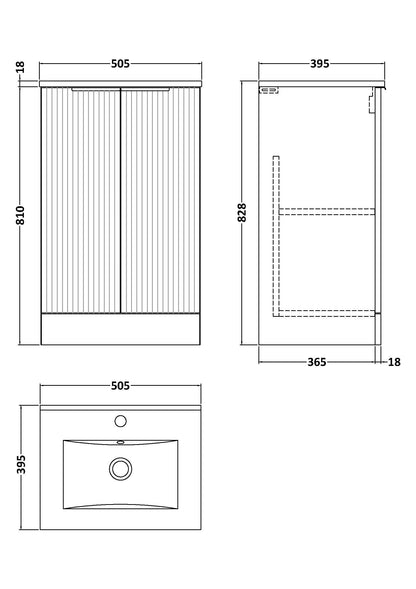 Hudson Reed Fluted 500mm Satin Grey Floor Standing 2-Door Vanity Unit With Basin