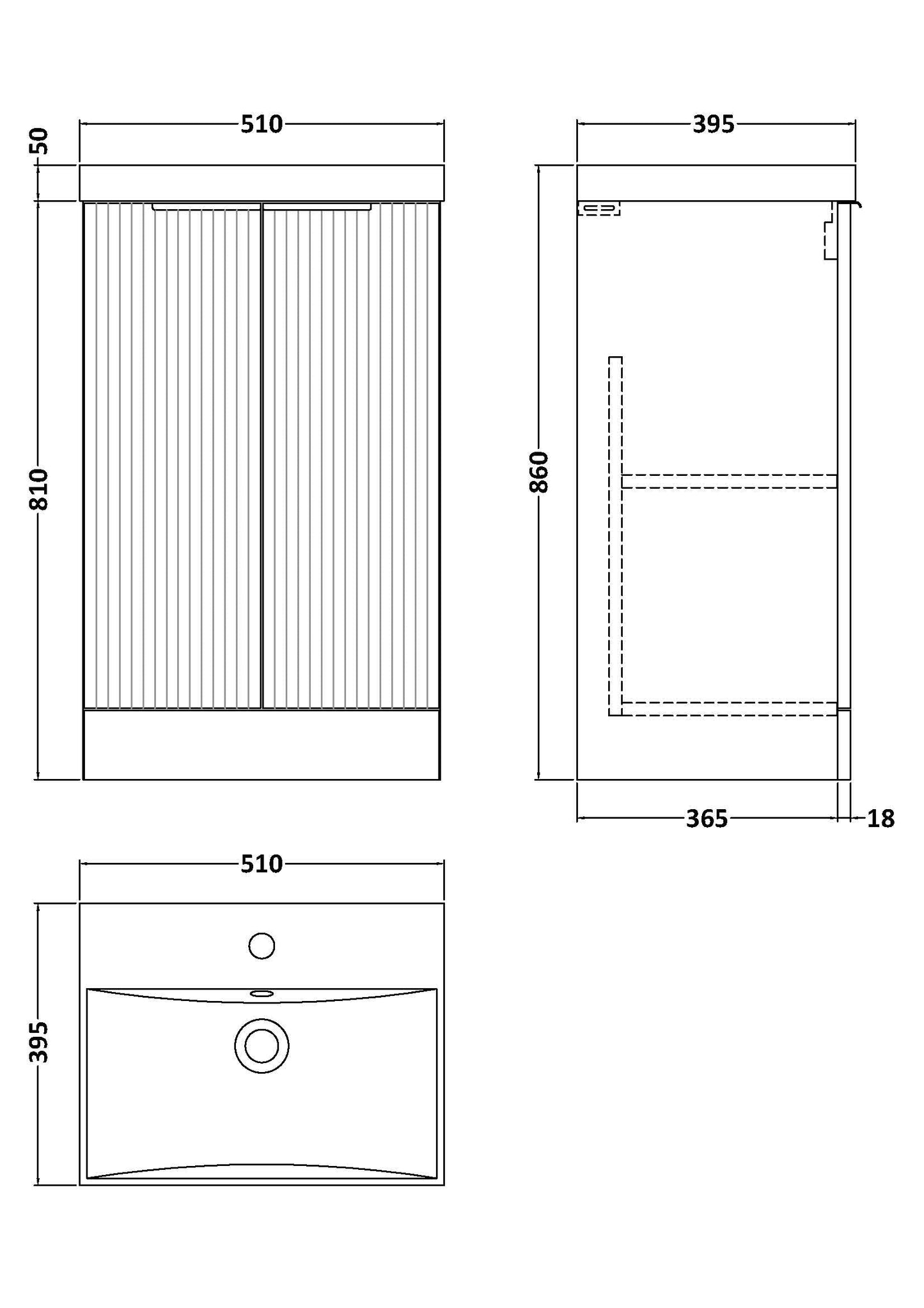 Hudson Reed Fluted 500mm Floor Standing 2-Door Vanity Unit with Basin