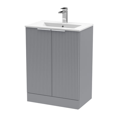 Hudson Reed Fluted 600mm Satin Grey Floor Standing 2-Door Vanity Unit With Basin
