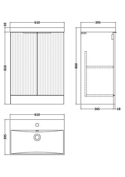 Hudson Reed Fluted 600mm Floor Standing 2-Door Vanity Unit With Basin