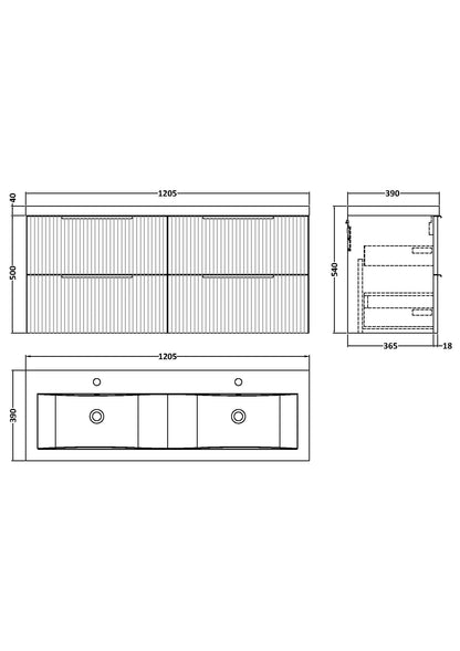 Hudson Reed Fluted 1200mm Wall Hung 4-Drawer Vanity with Double Basin