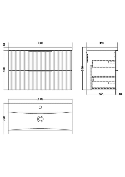 Hudson Reed Fluted 800mm Satin Grey Wall Hung 2-Drawer Vanity Unit Including Basin
