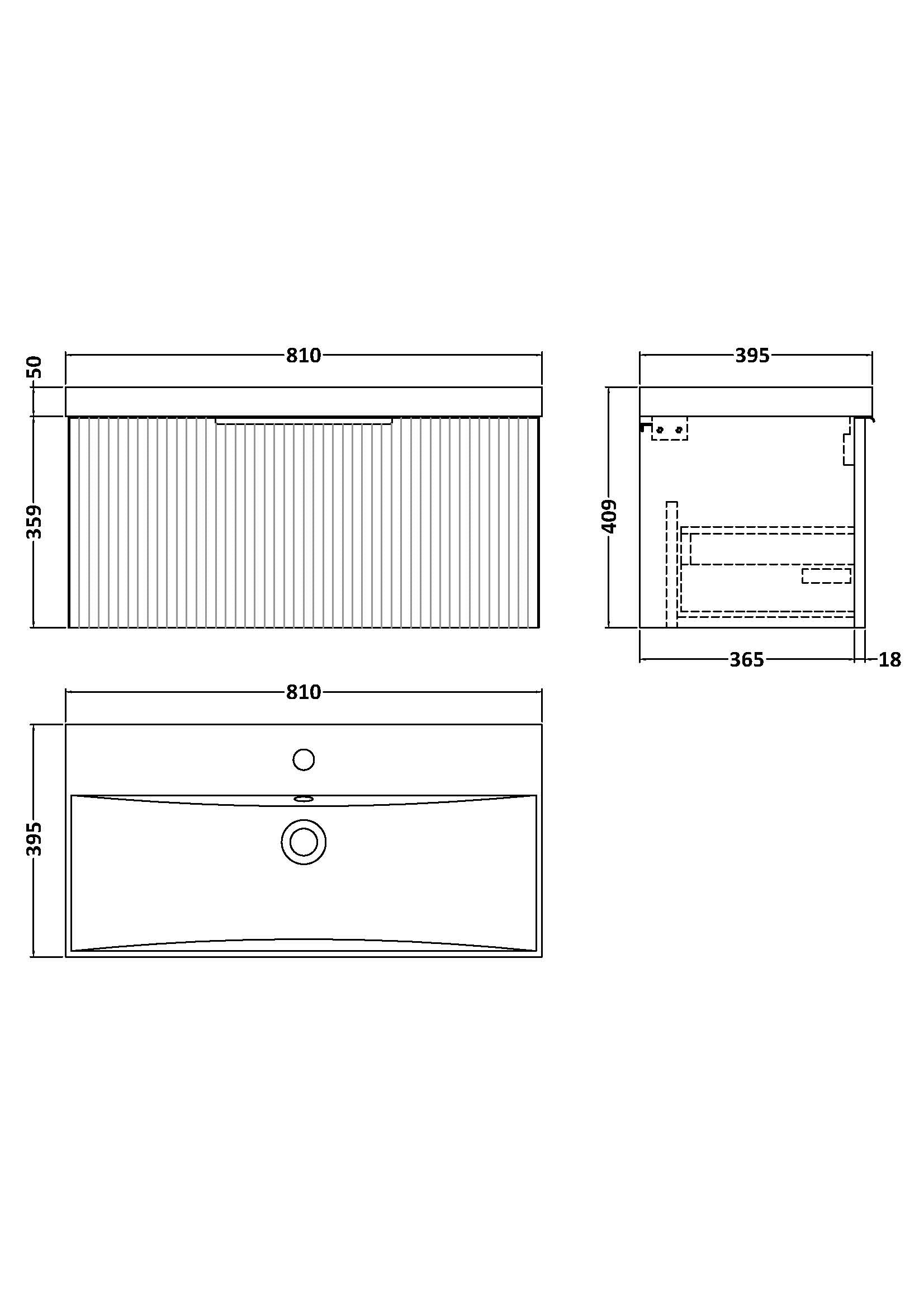 Hudson Reed Fluted 810mm Wall Hung Single Drawer Vanity Unit With Basin