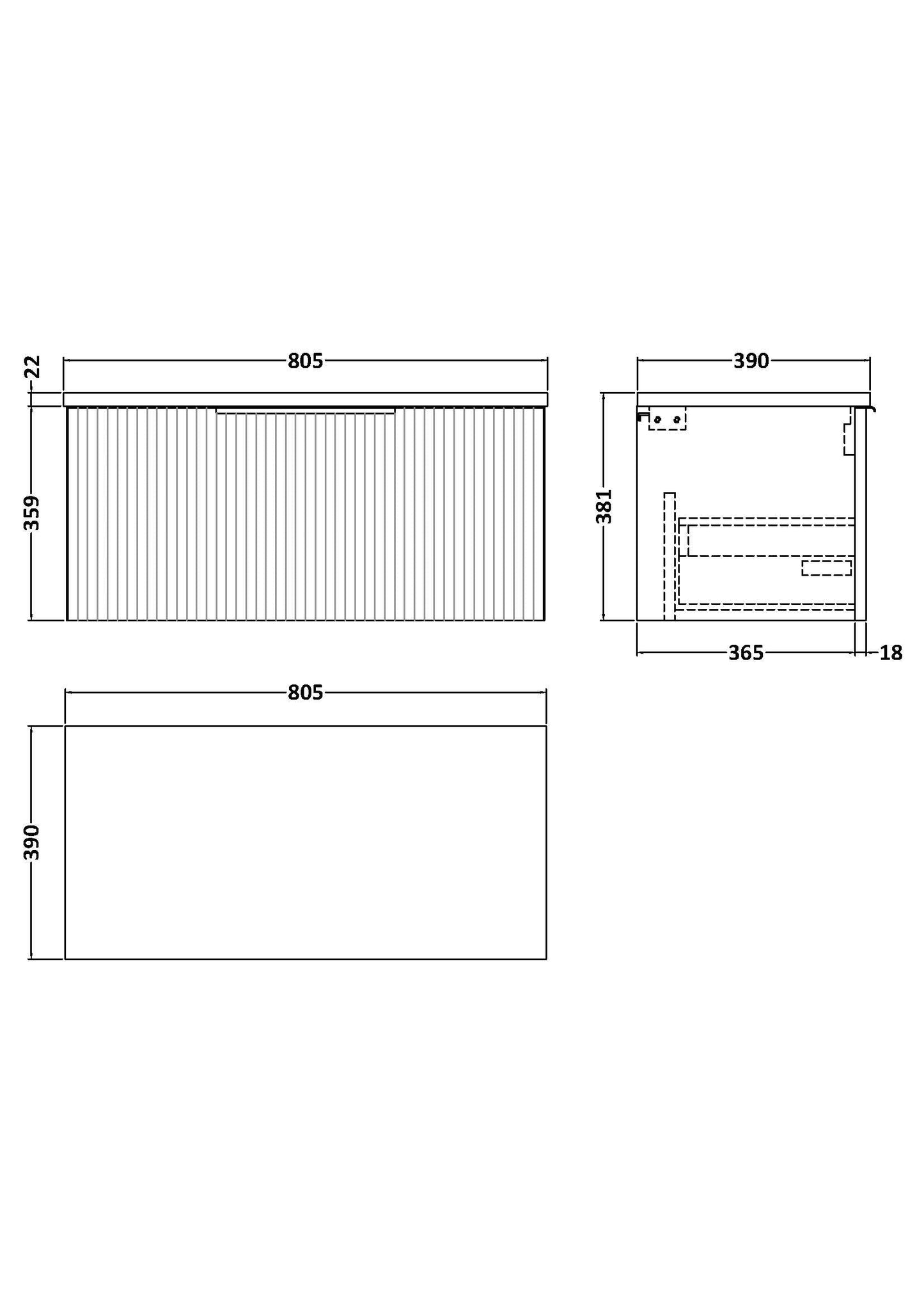Fluted 800mm Wall Hung Single Drawer Vanity and Laminate Top