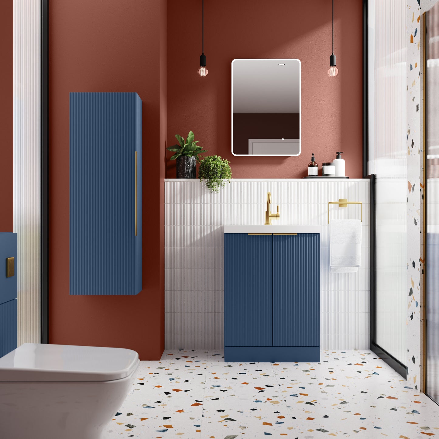 Hudson Reed Fluted 600mm Satin Blue Floor Standing 2-Door Vanity Unit With Basin