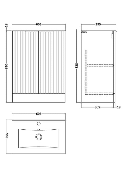 Hudson Reed Fluted 600mm Floor Standing 2-Door Vanity Unit With Basin