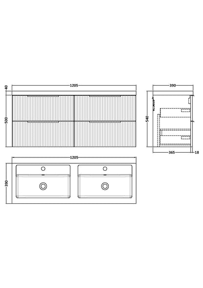 Hudson Reed Fluted 1200mm Wall Hung 4-Drawer Vanity Unit with Double Basin