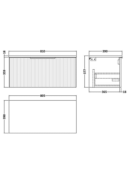 Hudson Reed Fluted 800mm Wall Hung Single Drawer Vanity with Worktop