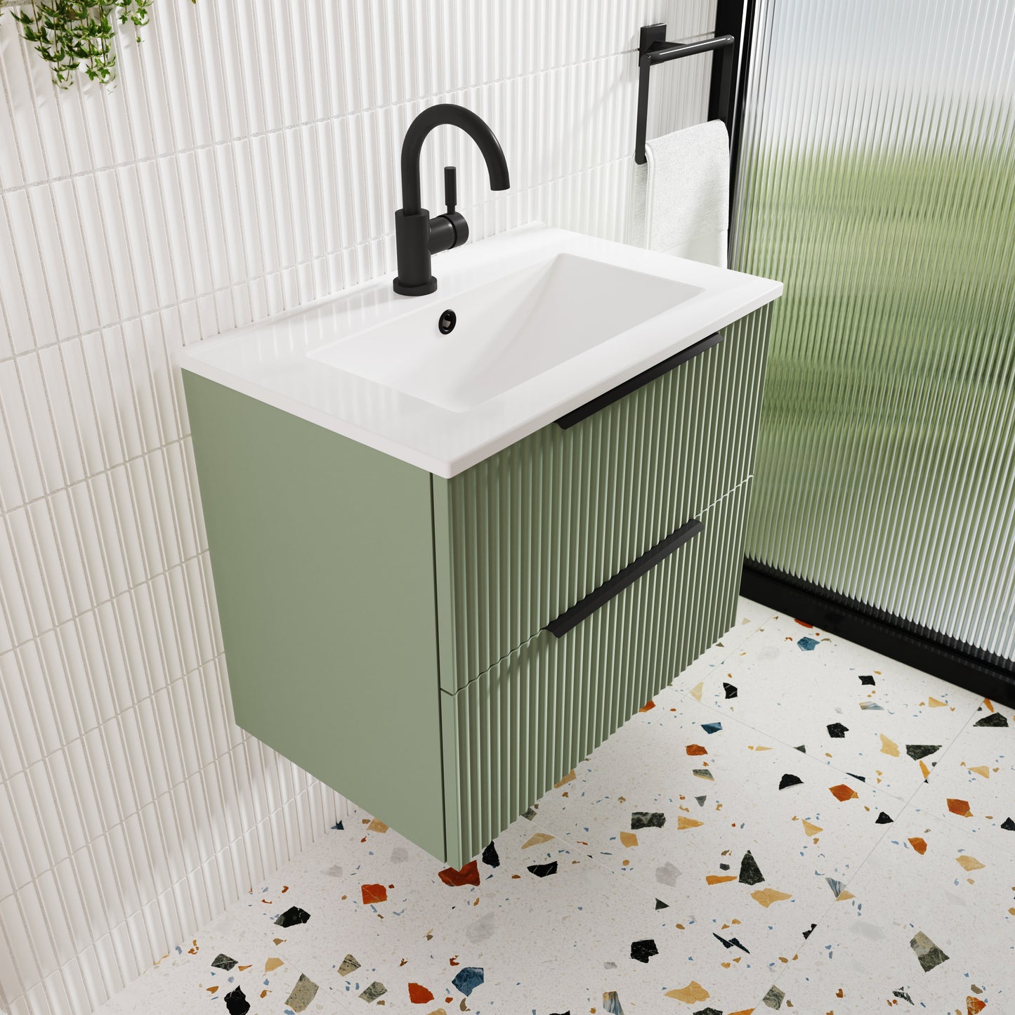 Hudson Reed Fluted 800mm Wall Hung Satin Green 2-Drawer Vanity Unit With Basin
