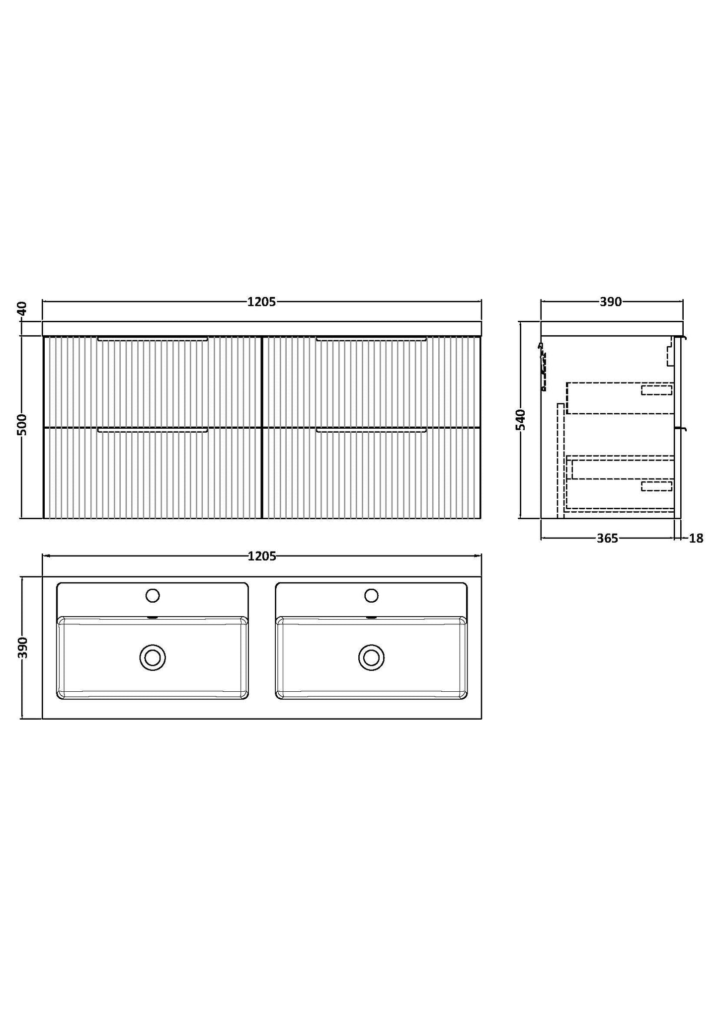 Hudson Reed Fluted 1200mm Satin Green Wall Hung 4-Drawer Vanity Unit with Polymarble Double Basin