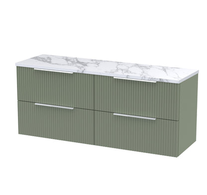 Hudson Reed Fluted Satin Green 1215mm Wall Hung 4-Drawer Vanity Unit With Laminate Worktop
