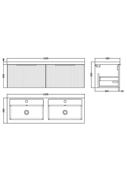 Hudson Reed Fluted 1205mm Satin Green Wall Hung 2-Drawer Vanity Unit With Double Polymarble Basin